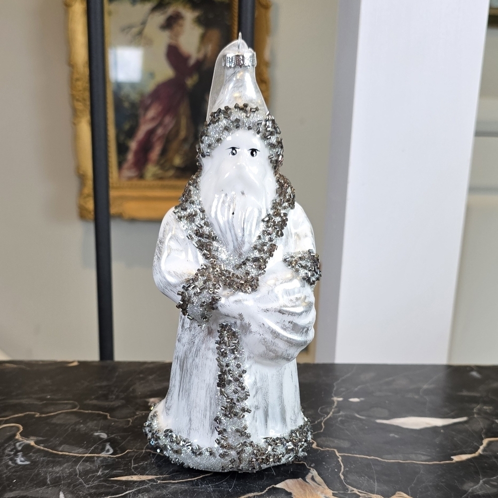 Large 7.5" Handblown Glass Santa Ornament | Silver Glitter White Old World Style